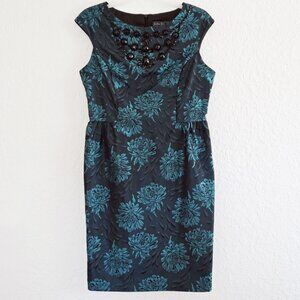 JESSICA HOWARD Women's 8P Green Floral Sheath Dress Sleeveless Jacquard Beaded